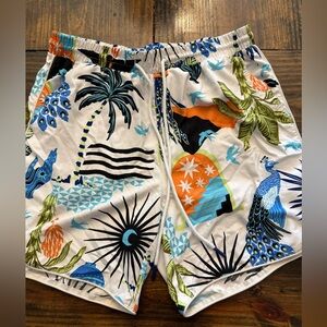No Boundaries Men's White Tropical Print Shorts with Blue, Green & Orange (S)